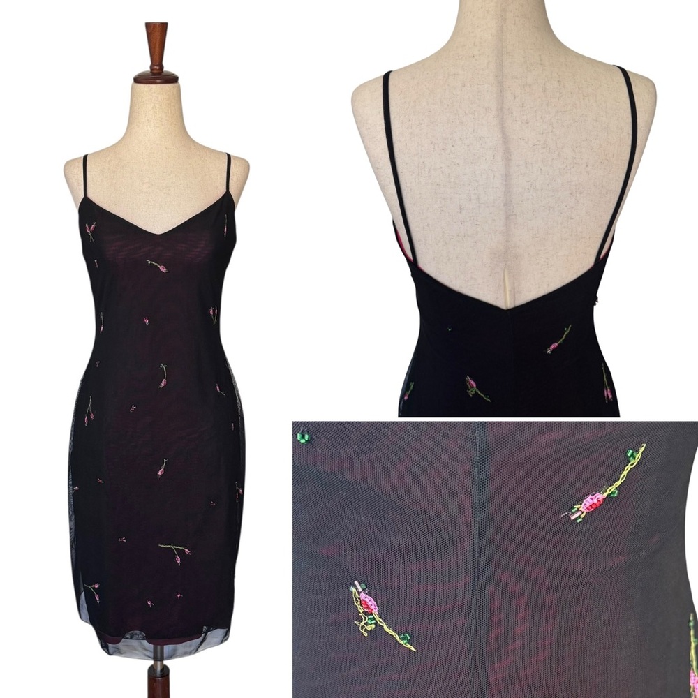 Vintage 90s Laundry Black Slip Mesh Dress with Floral Rosebud Beaded Embroidered